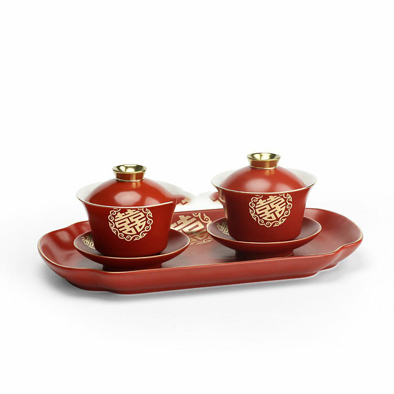 Chinese Wedding Tea Sets | Double Happiness Gaiwans Set With Tray Chinese Wedding Tea Sets Chinese Wedding Tea Sets