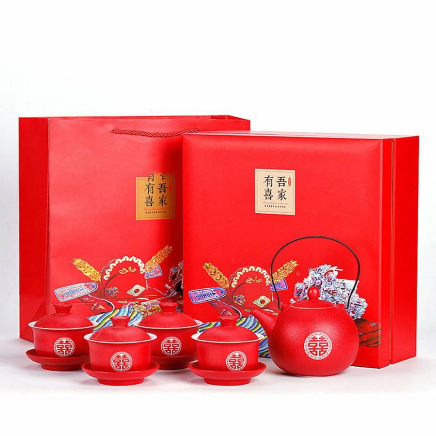 Chinese Wedding Tea Sets | Double Happiness Teapot With Four Gaiwans Chinese Wedding Tea Sets Chinese Wedding Tea Sets